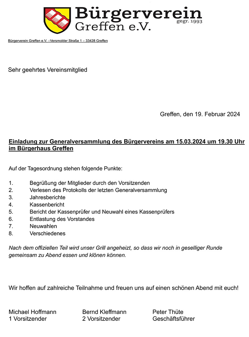 Generalversammlung - Bürgerverein Greffen e.V. in 33428 Harsewinkel-Greffen