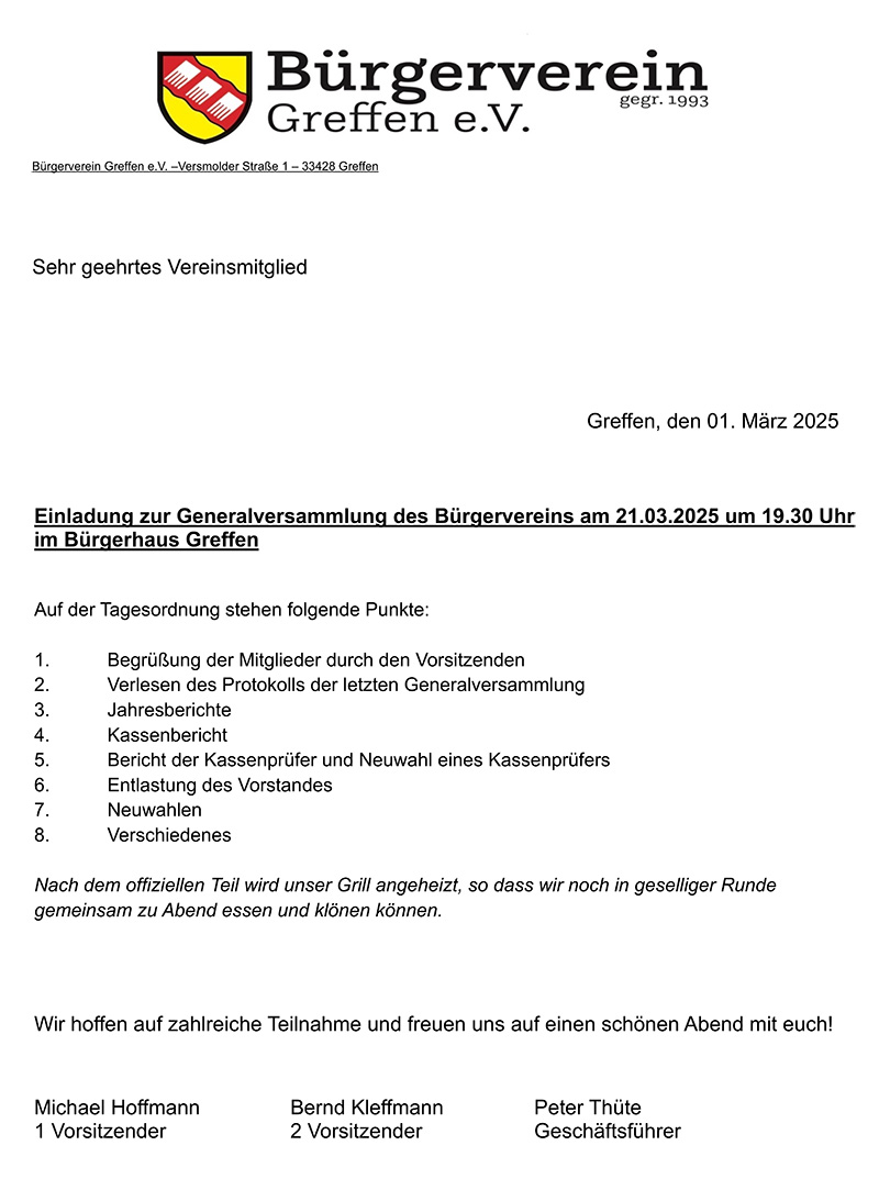 Generalversammlung - Bürgerverein Greffen e.V. in 33428 Harsewinkel-Greffen